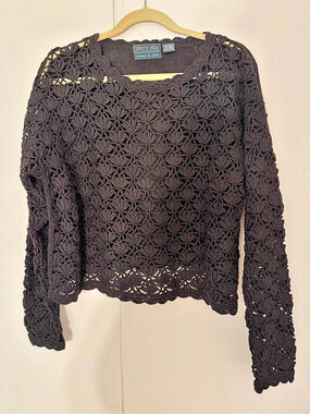 Vintage Cherry Stix Limited "Knitted by Hand" black open-work crochet lace sweat